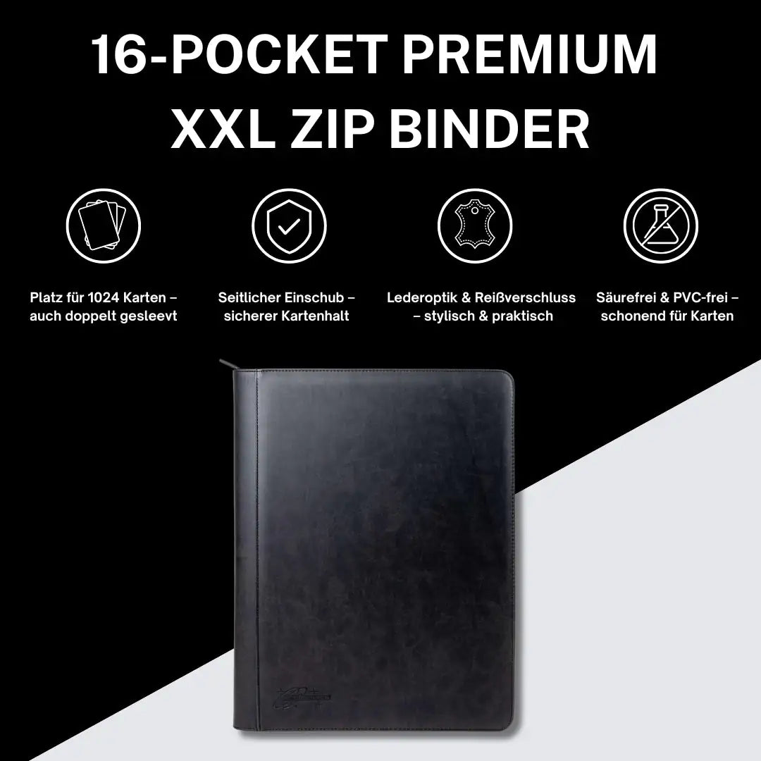 cardcosmos - 16 Pocket Zip Premium XXL Leather Binder - Schwarz