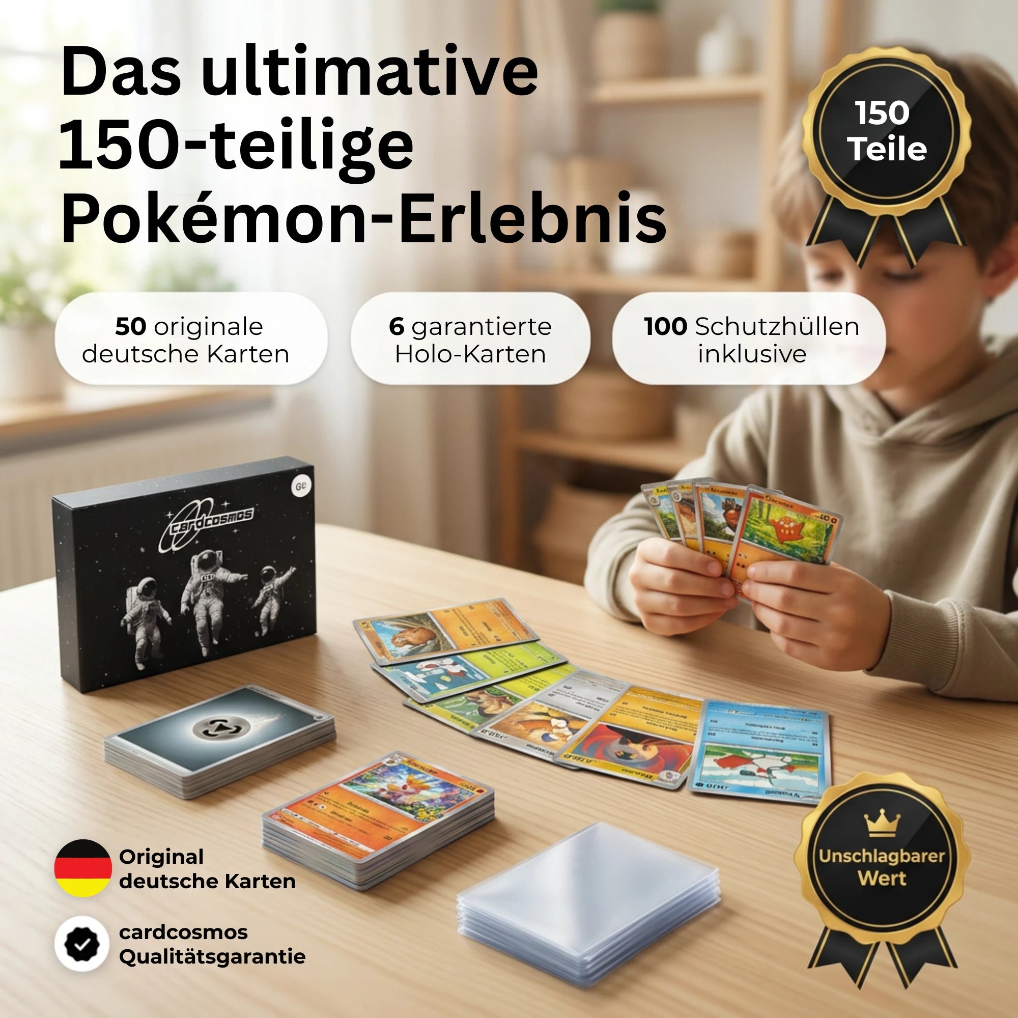 Pokémon Karten Set Niemiecki – 50 kart w tym 6 Holo + 100 Koszulki na karty