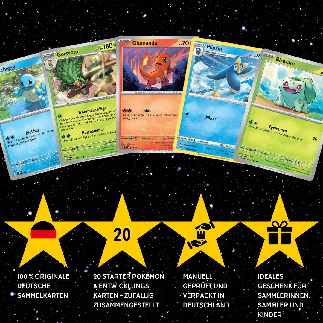 Pokémon Zestaw kart Niemiecki – 20 kart Starter Pokémon i Mega-Entwicklung – Losowo wybrane