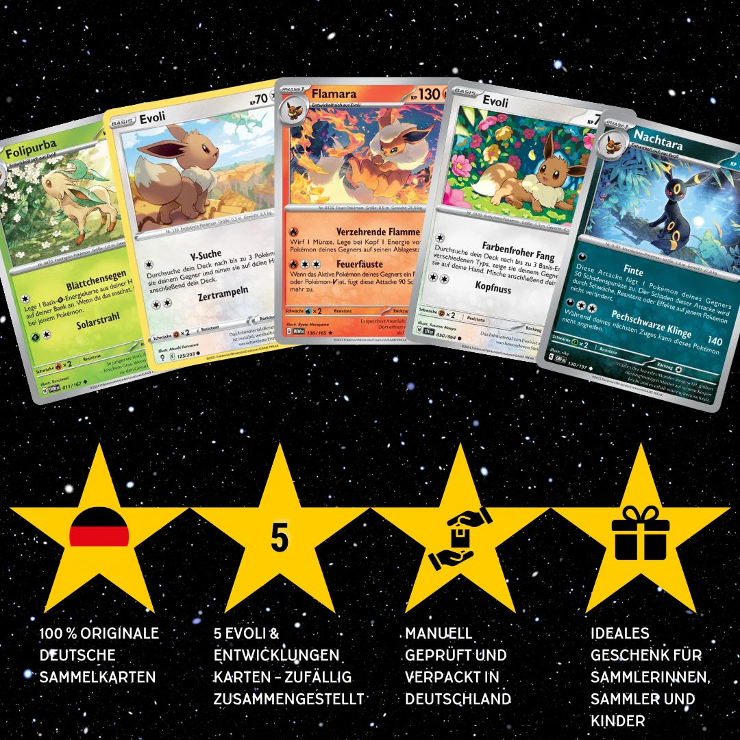 Pokémon Zestaw kart Angielski – 5 kart Evoli/Eevee i Mega-Entwicklung – Losowo wybrane