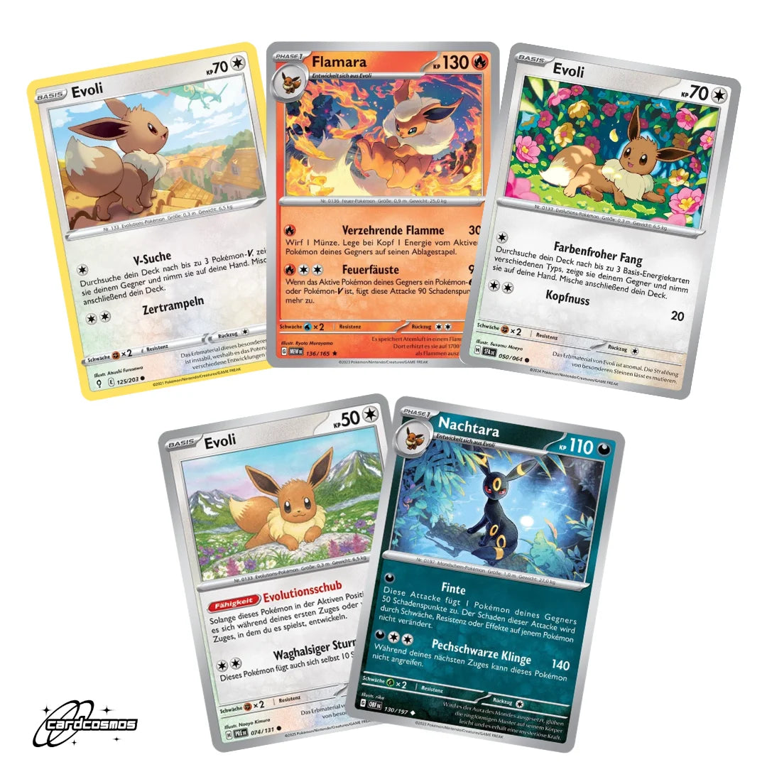 Pokémon Zestaw kart Angielski – 5 kart Evoli/Eevee i Mega-Entwicklung – Losowo wybrane