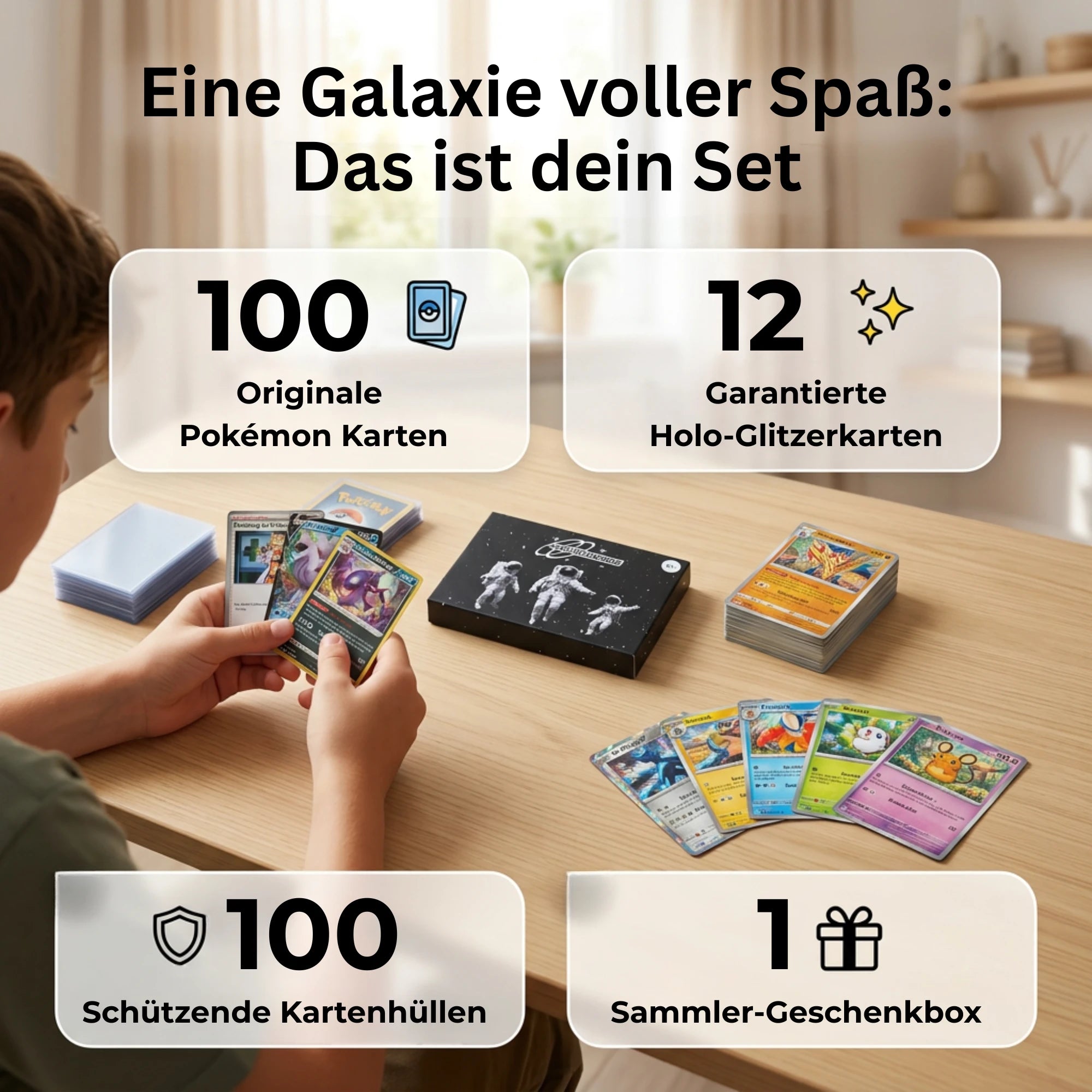 Pokémon Karten Set Angielski – 100 kart w tym 12 Holo + 100 Koszulek na karty