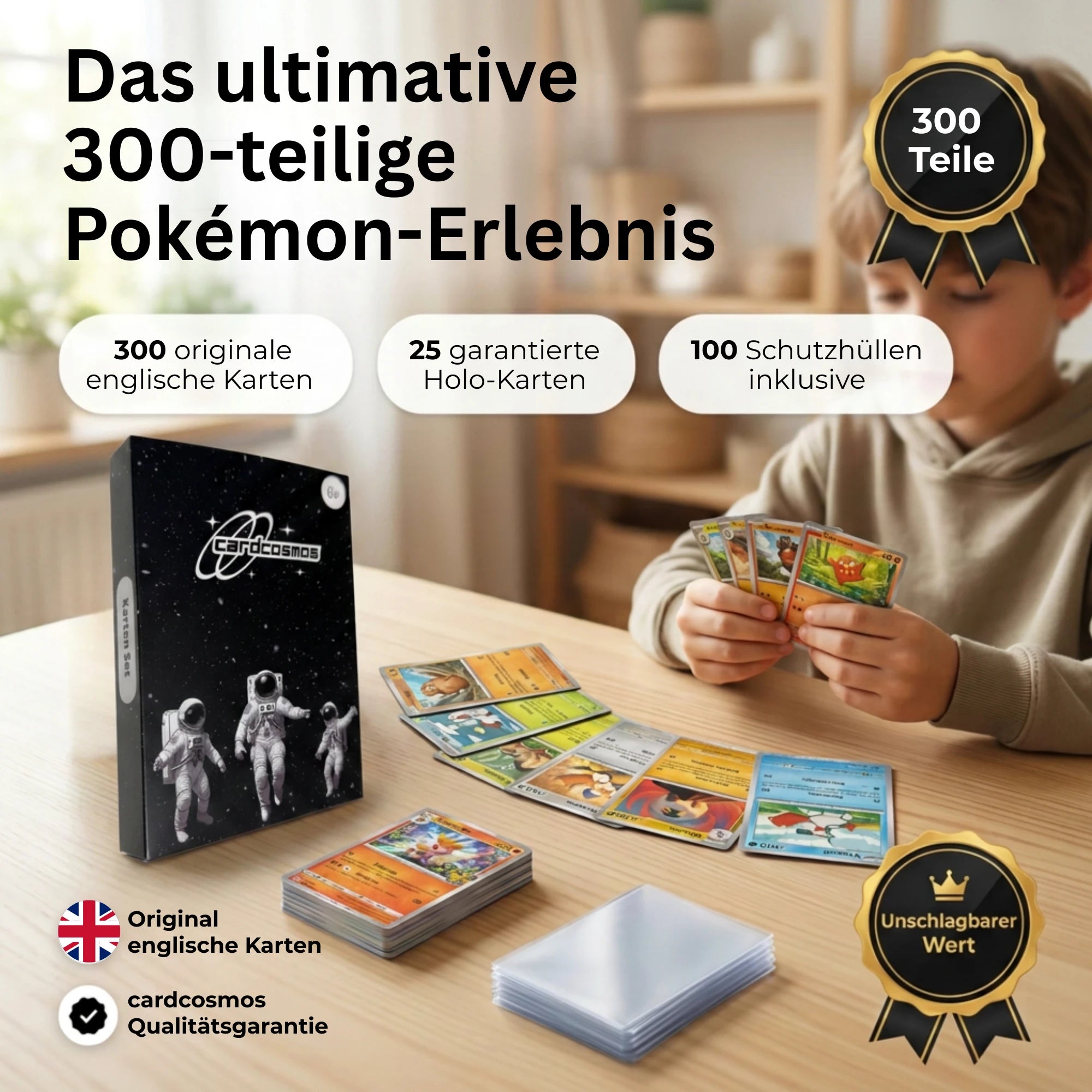 Pokémon Karten Set Angielski – 200 kart w tym 25 Holo + 100 Koszulek na karty
