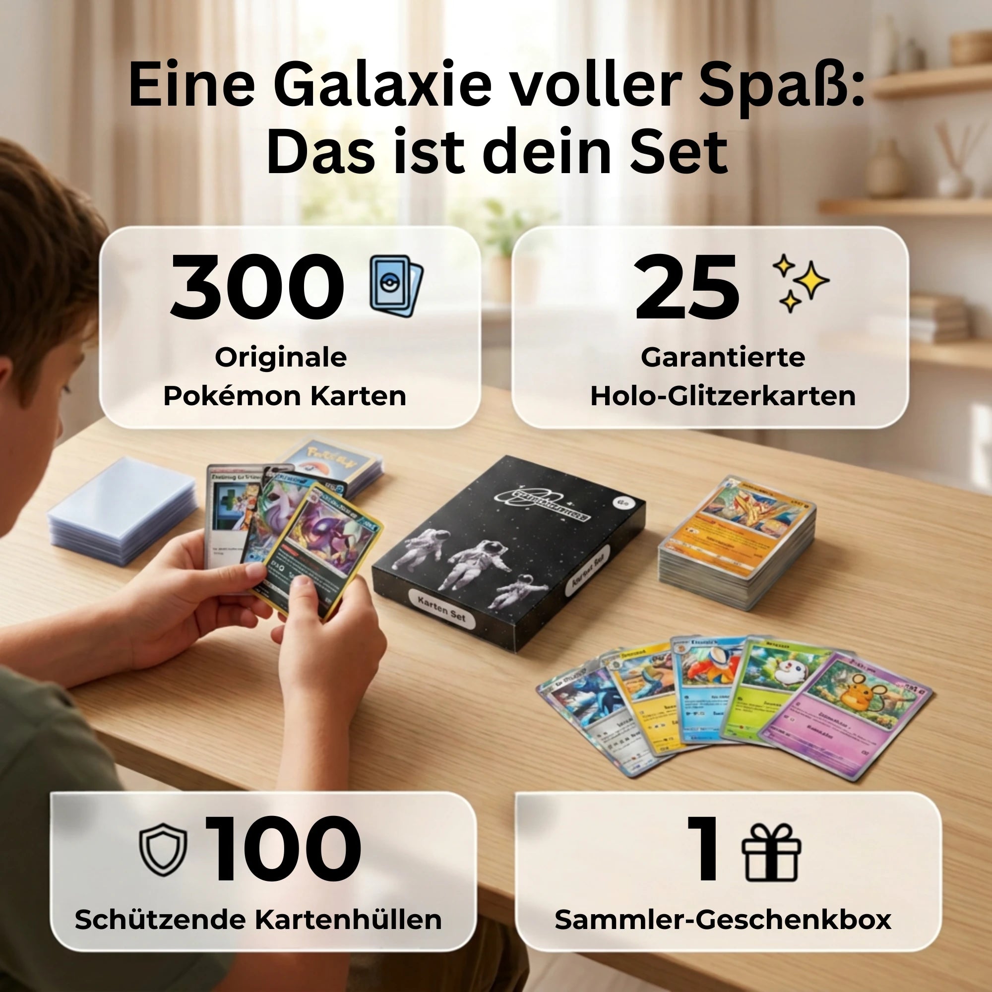 Pokémon Karten Set Angielski – 200 kart w tym 25 Holo + 100 Koszulek na karty