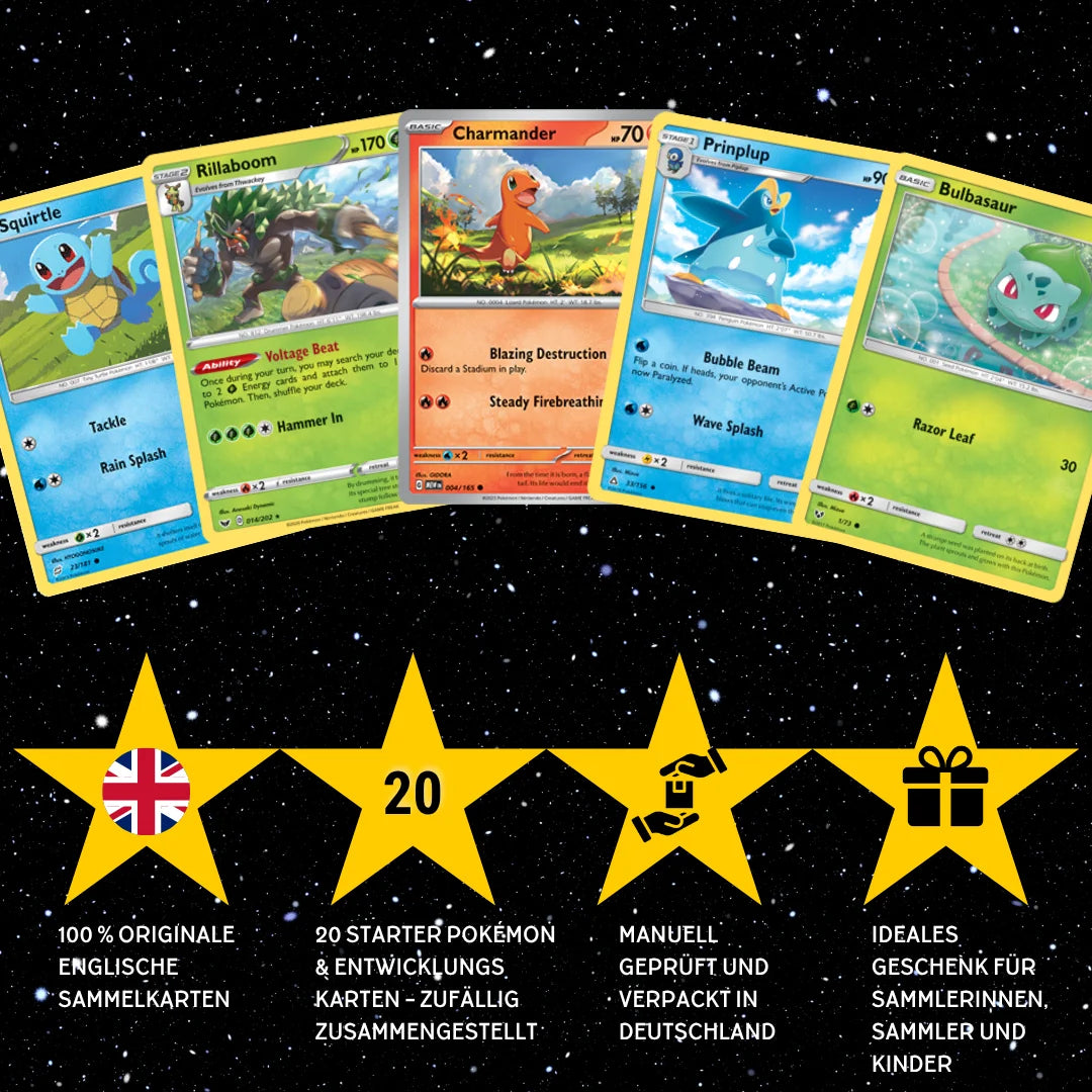 Pokémon Zestaw kart Angielski – 20 kart Starter Pokémon i ewolucji – losowo wybrane