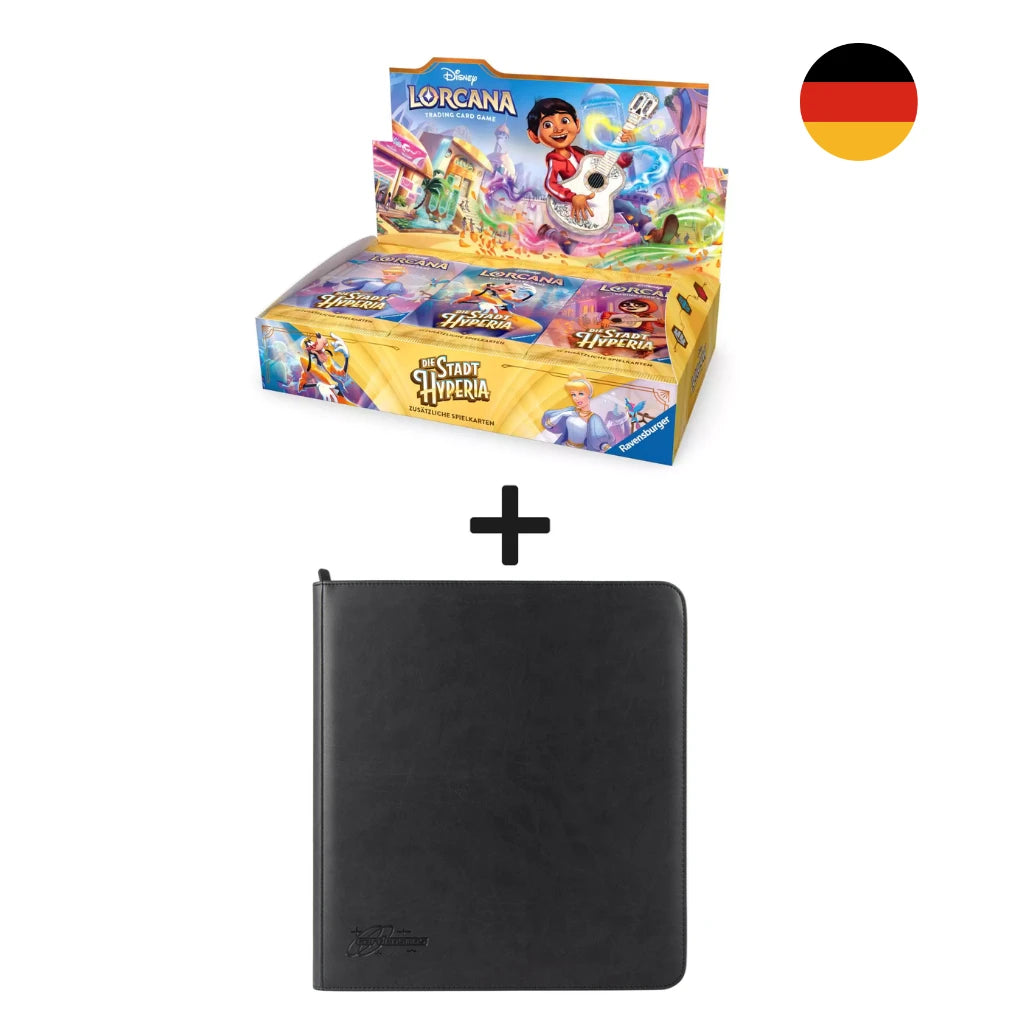 Disney Lorcana Die Stadt Hyperia Display boosterów DE + 12 Pocket binder Czarny Bundle