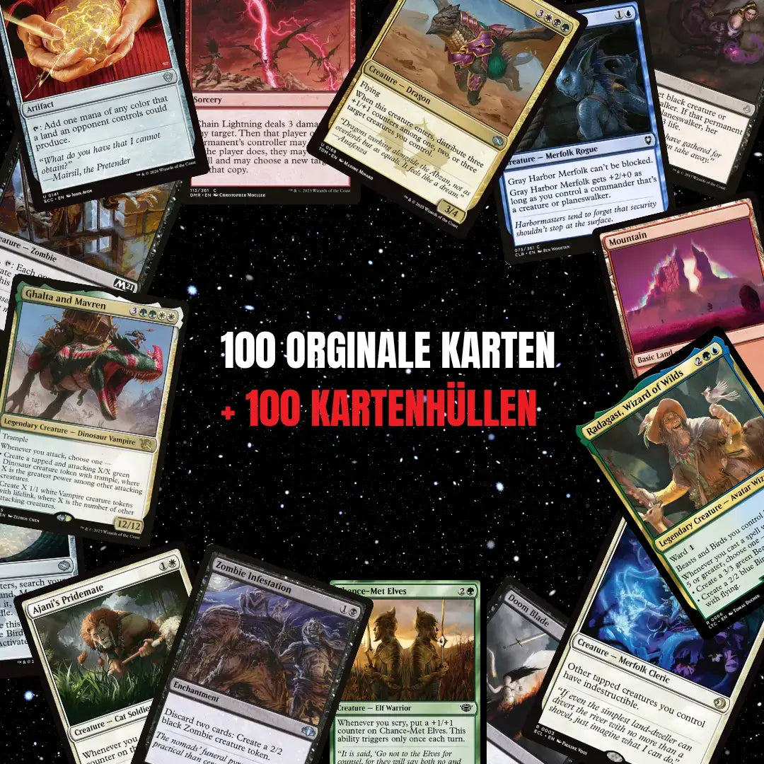 Magic: The Gathering Zestaw kart Angielski – 100 kart w tym 8 Rares i 2 Foils + 100 Koszulki na karty