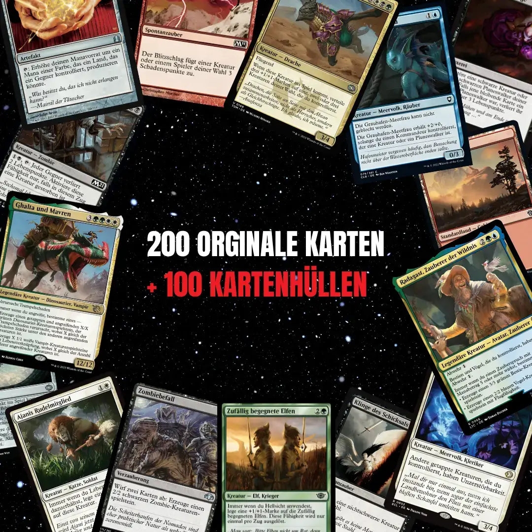 Magic: The Gathering Zestaw kart Niemiecki – 200 kart w tym 16 Rares i 4 Foils + 100 Koszulki na karty