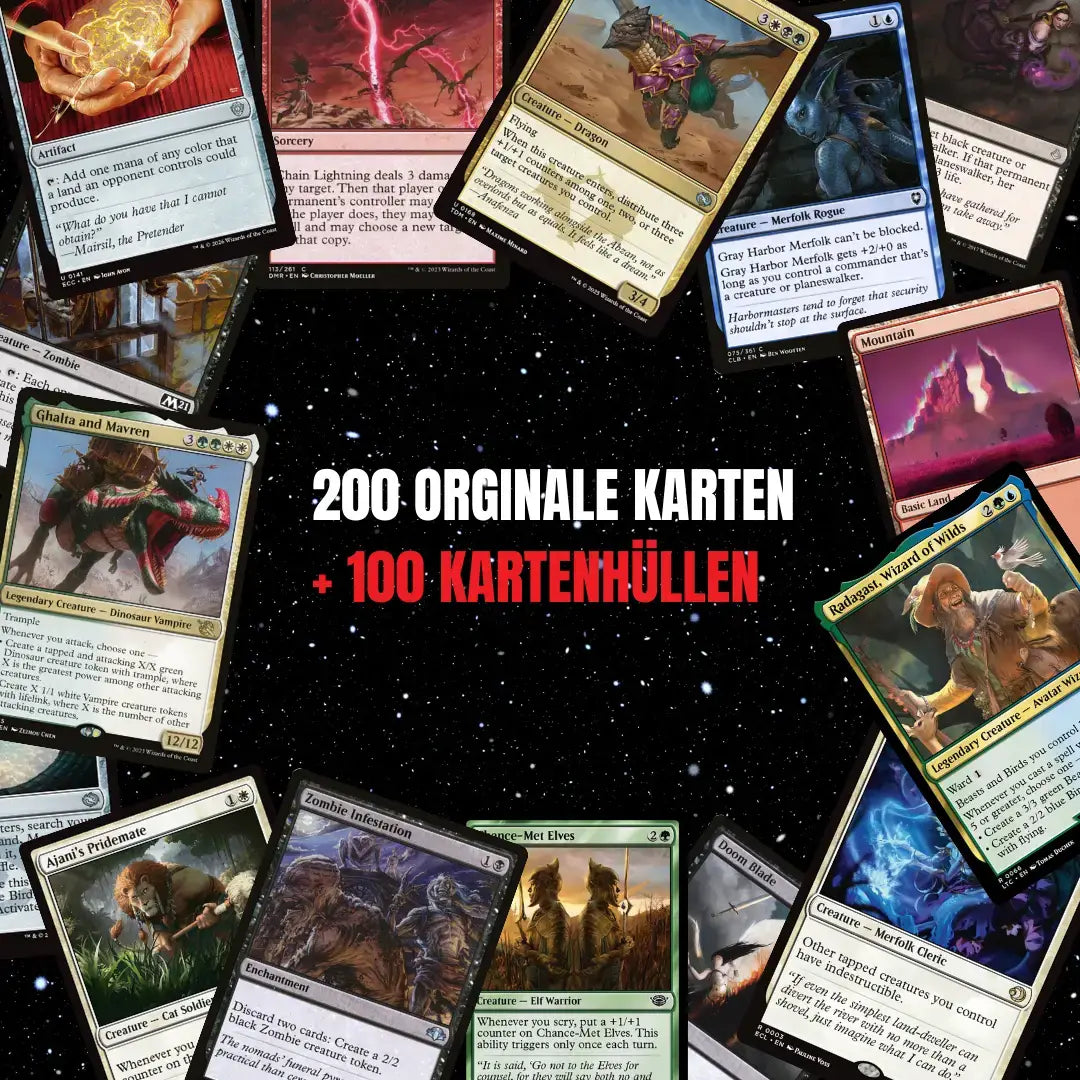 Magic: The Gathering Zestaw kart Angielski – 200 kart w tym 16 rzadkich i 4 Foil + 100 koszulek na karty