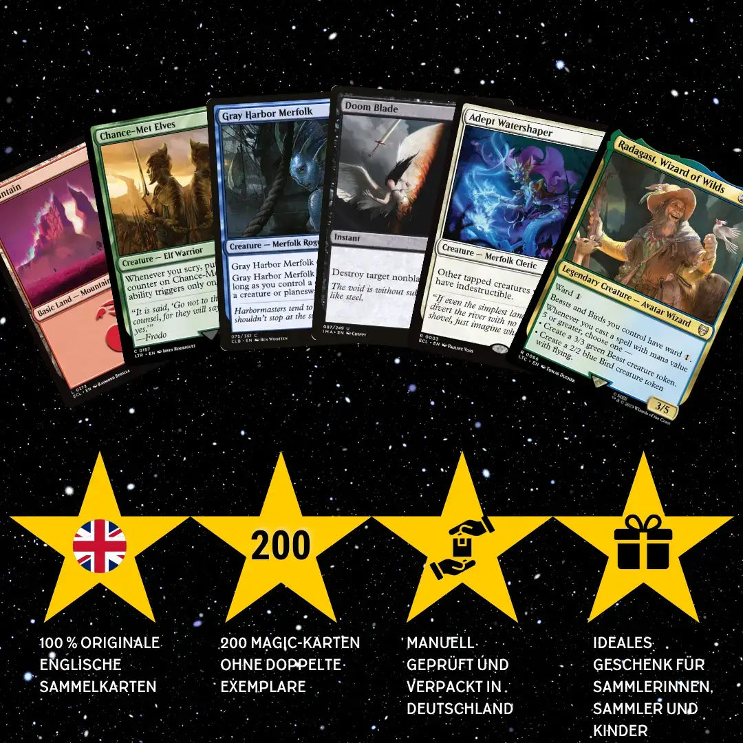 Magic: The Gathering Zestaw kart Angielski – 200 kart w tym 16 rzadkich i 4 Foil + 100 koszulek na karty