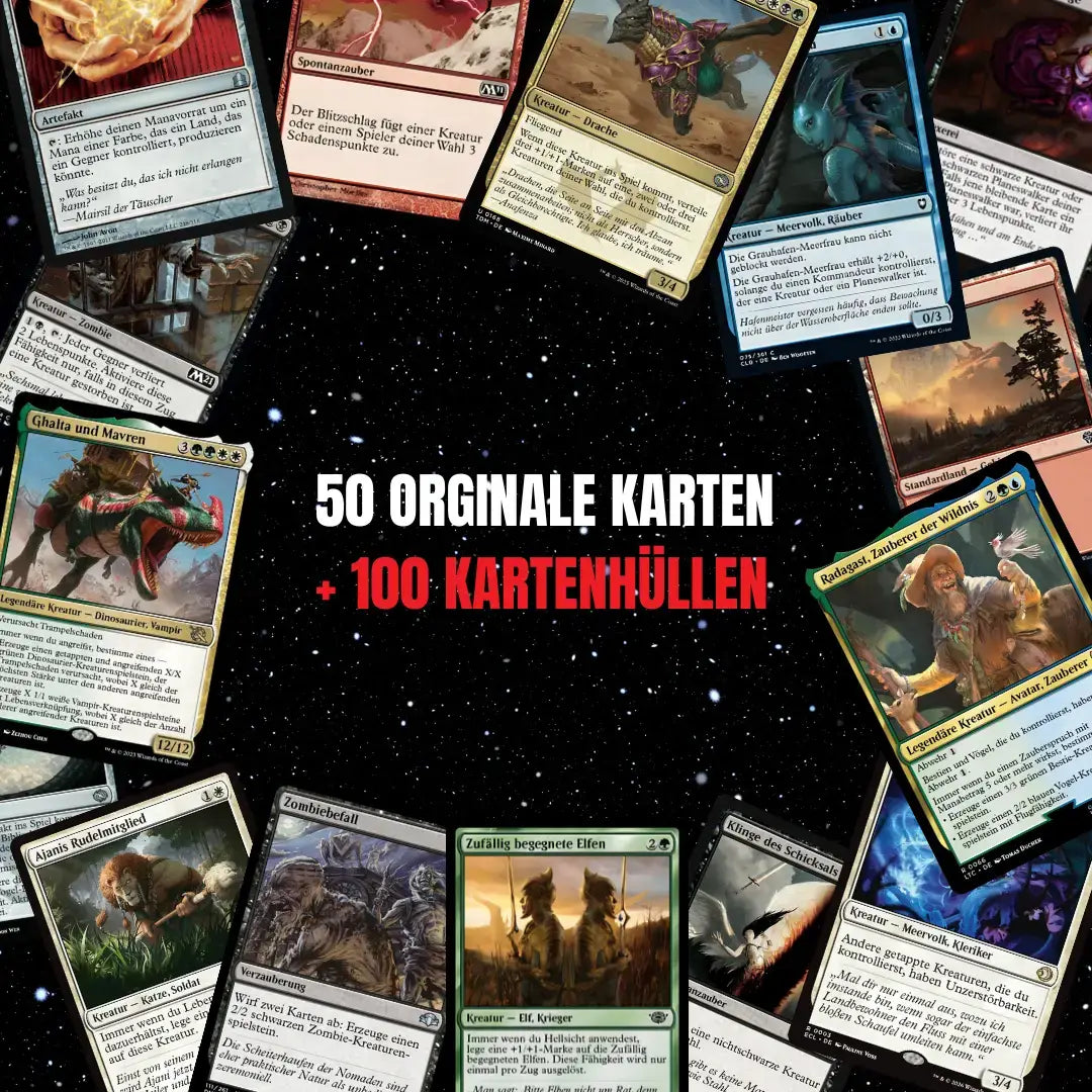 Magic: The Gathering Zestaw kart Niemiecki – 50 kart w tym 4 Rares i 1 Foil + 100 Koszulki na karty