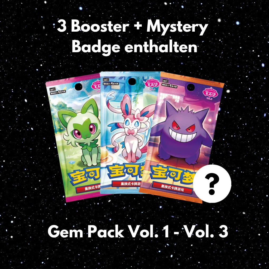 Zestaw odznak Pokémon Gem Pack CHN – 3 Boostery + Promo + odznaka magnetyczna