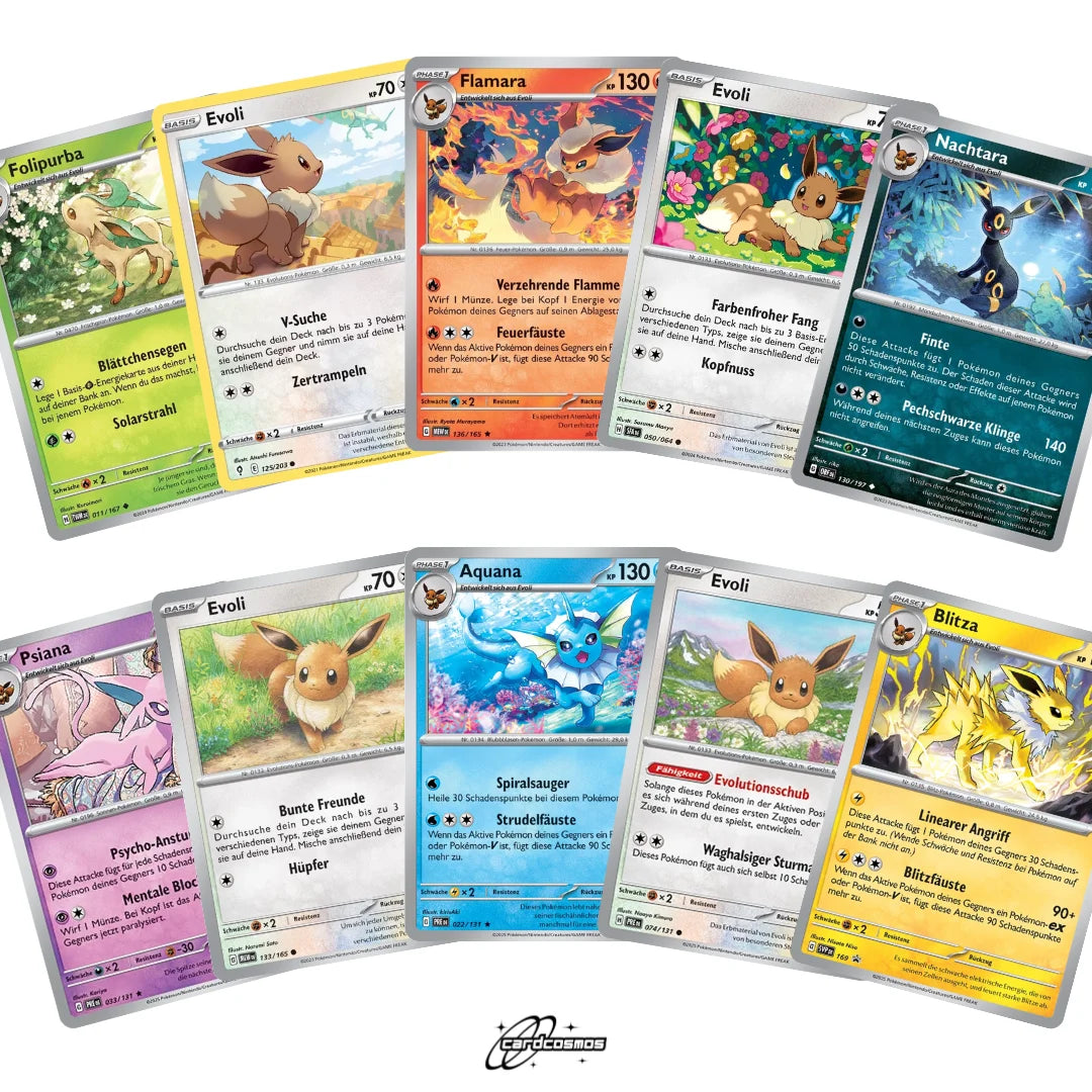 Pokémon Karten Set Deutsch – 10 Karten Evoli/Eevee & Entwicklungen – Zufällig zusammengestellt